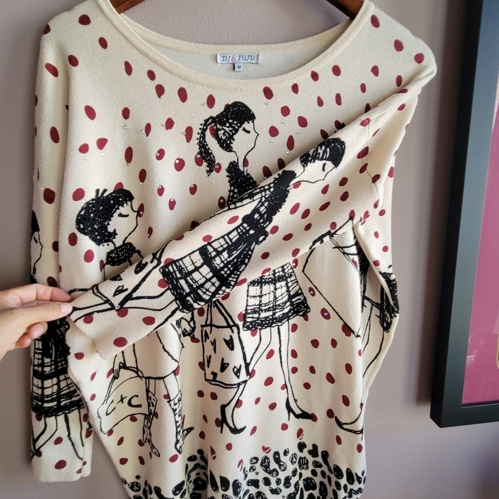 Dj & JuJu Women's Whimsical Graphic Red Dots Sweater Size Medium 3/4 Sleeve - Picture 7 of 12